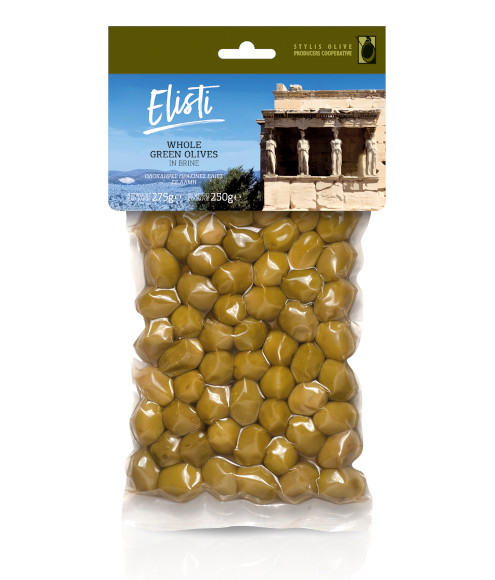 Whole green olives in vacuum bag